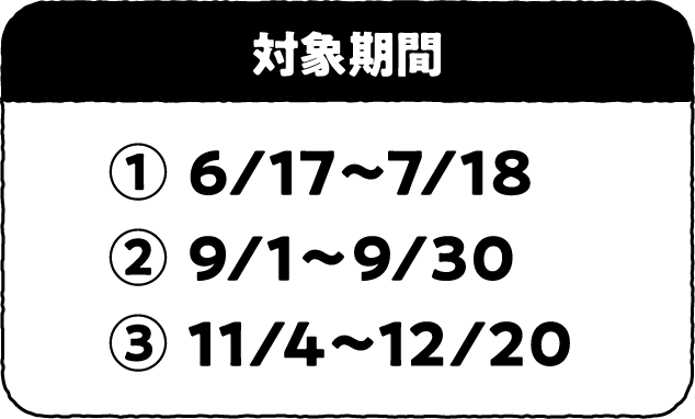対象期間①6/17~7/18 ②9/1~9/30 ③11/4~12/20